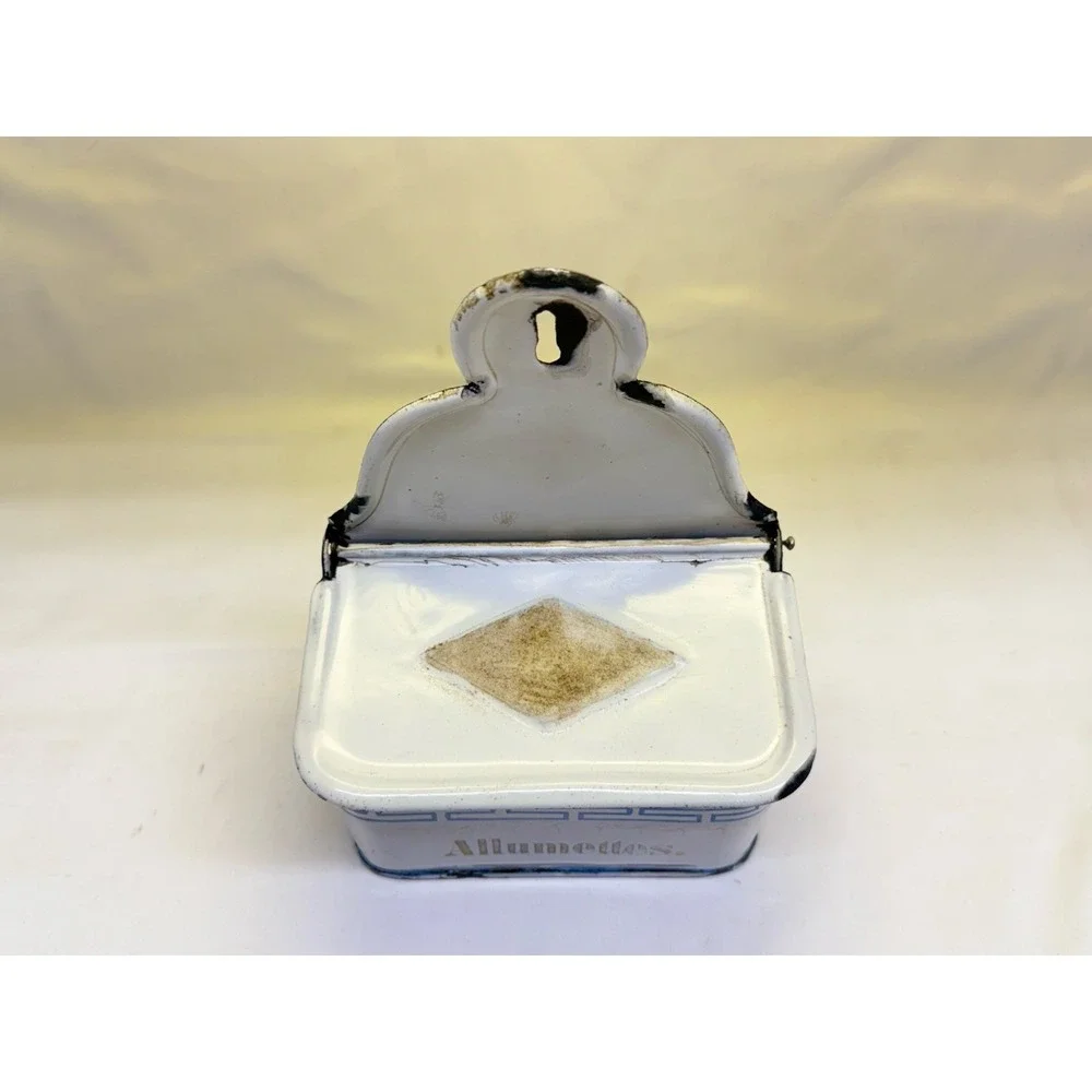 French Enamelware Blue  and White  Allumettes Match Box & Enamel Scoop 1910-1930